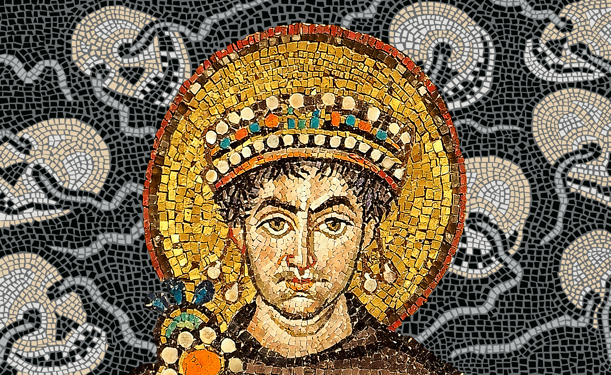 Plakatmotiv_Kollage zweier Mosaiken aus Ravenna und Venedig_In derBildmitteKaiserJustinianI.PetarMilosevicundTobiasEsch